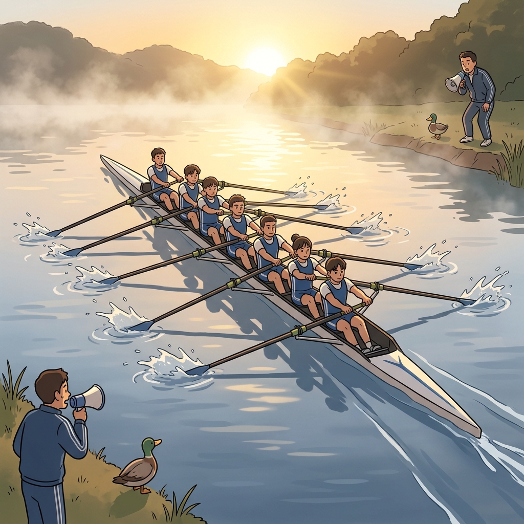 The rowing team moves as one cohesive unit, oars slicing the water in perfect sync.