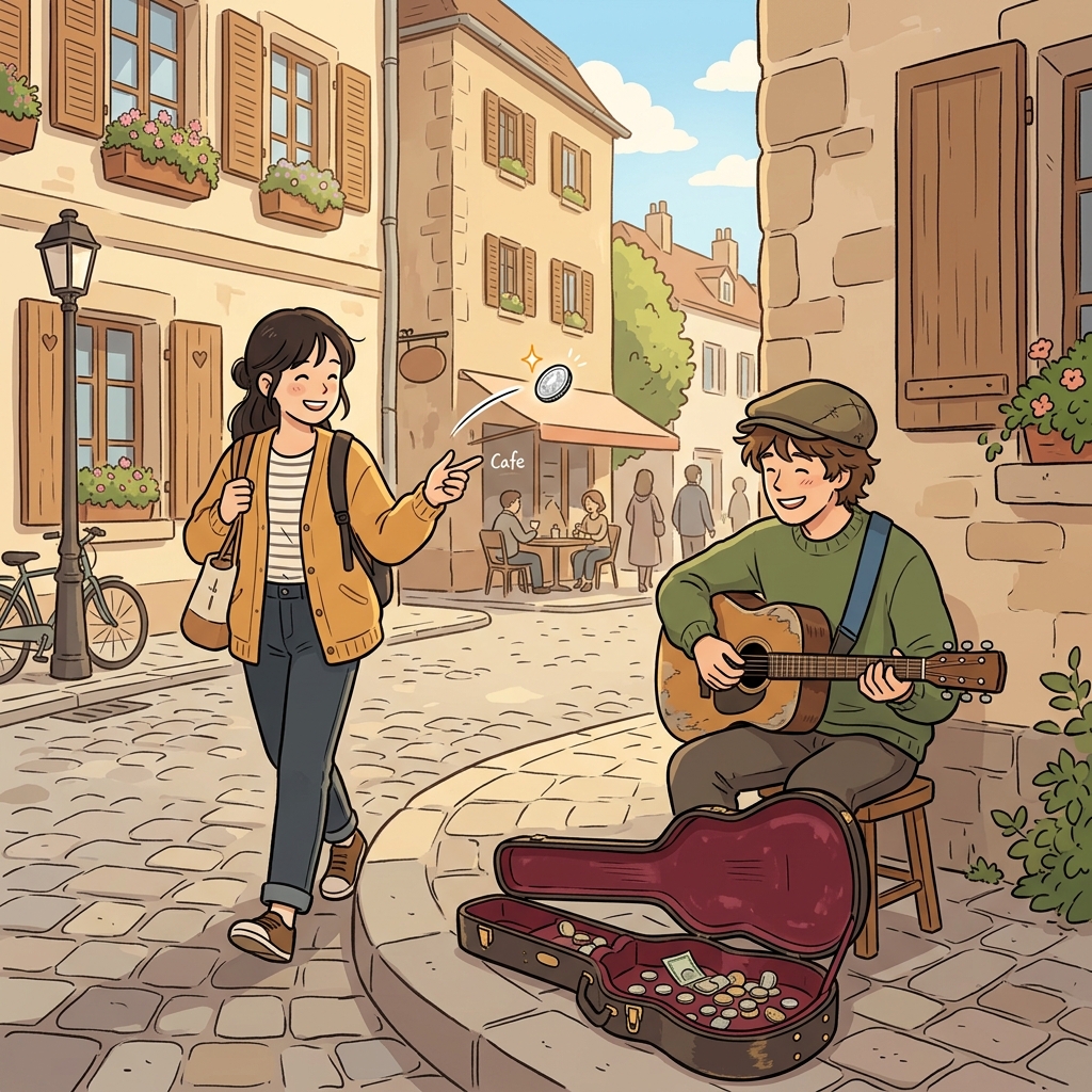 She drops a shiny coin into the street musician's open guitar case.