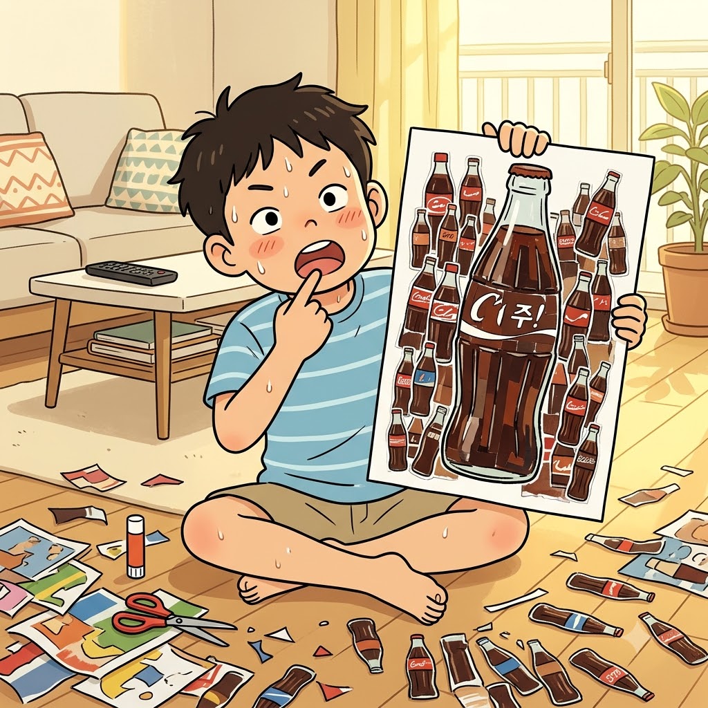 "나한테 콜라 주(collage)!" 목마른 소년은 잡지에서 탄산음료 사진들만 오려 붙여 거대한 콜라주(collage)를 만들었다.