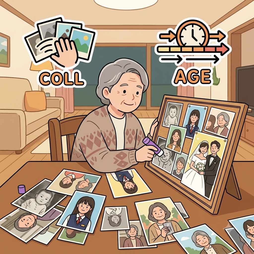 COLL(모으다) + AGE(나이/시절) — 할머니는 자신의 모든 시절(AGE)의 사진을 모아(COLLect) 아름다운 가족 콜라주(collage)를 만들었다.