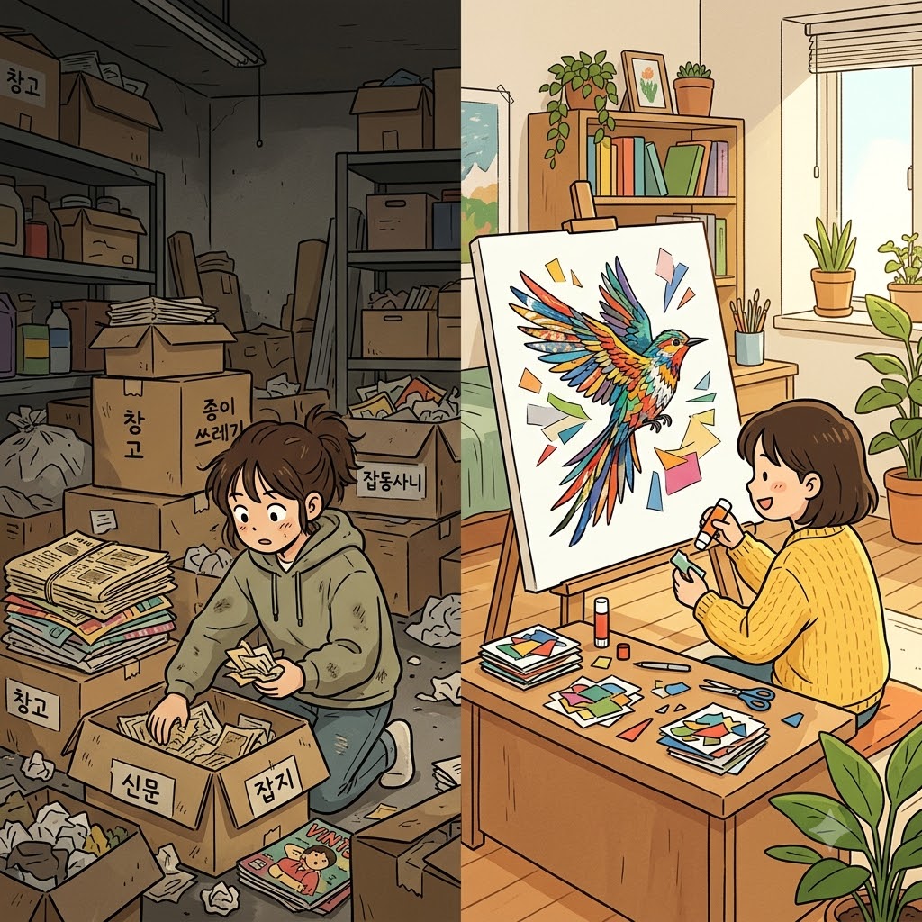 먼지 쌓인 지저분한 차고(garage)를 청소하던 소녀는, 낡은 잡지들을 찾아내 아름다운 콜라주(collage)로 바꾸었다.