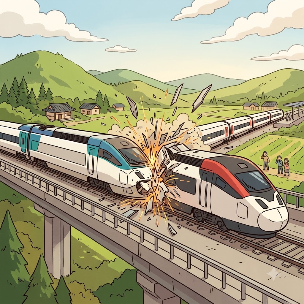 As the two speeding trains crossed the exact same track, they violently began to collide.