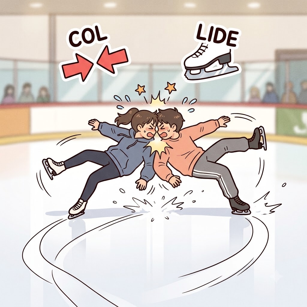 COL(together) + LIDE(slide) — sliding together from opposite ends of the ice, the two skaters were bound to collide.