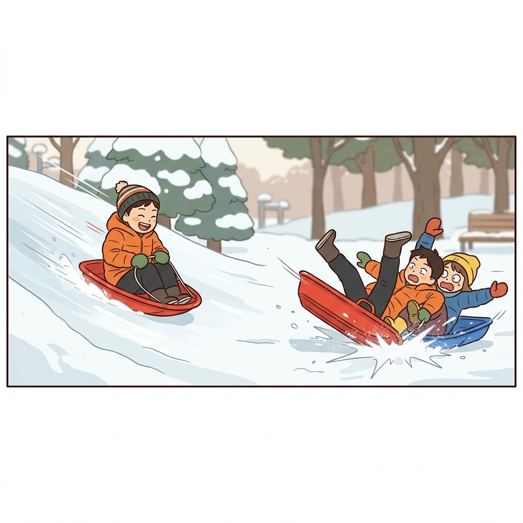 Losing control on the fast icy slide, the two red sleds began to violently collide.