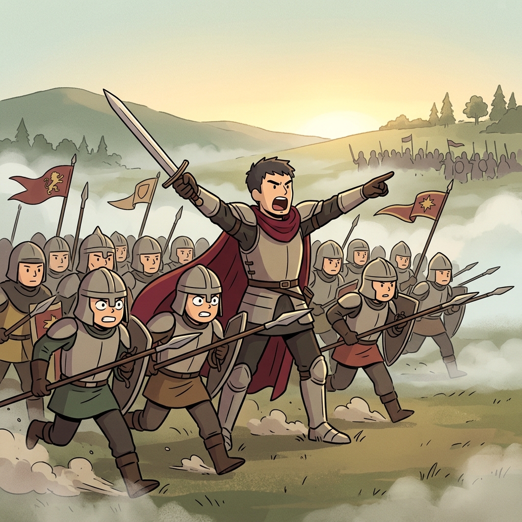 The general raised his sword and gave the command to charge forward.
