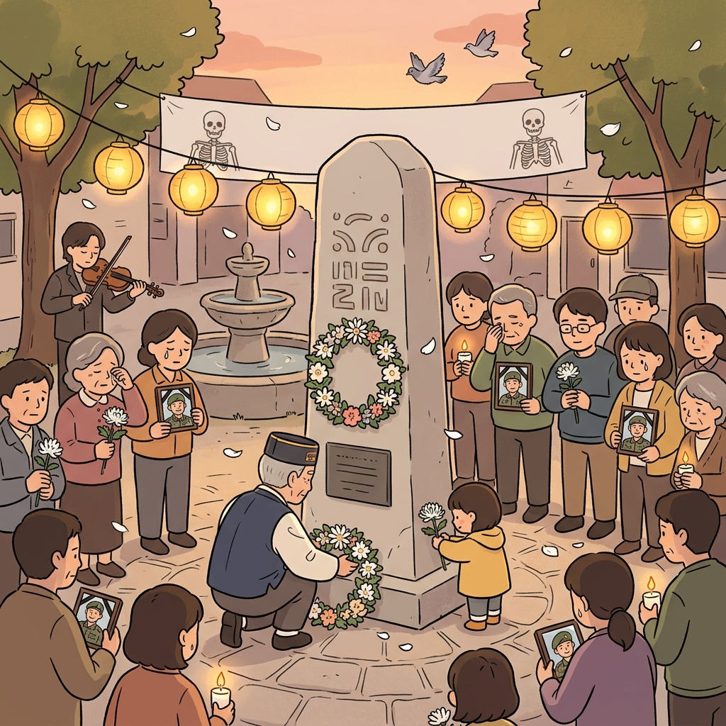 마을 사람들이 매년 전사한 군인들을 기리며 함께 모인다.