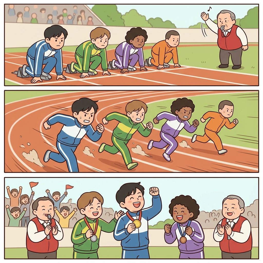 선수들은 경주를 시작했고 결승선에서 성공을 함께 축하했다.