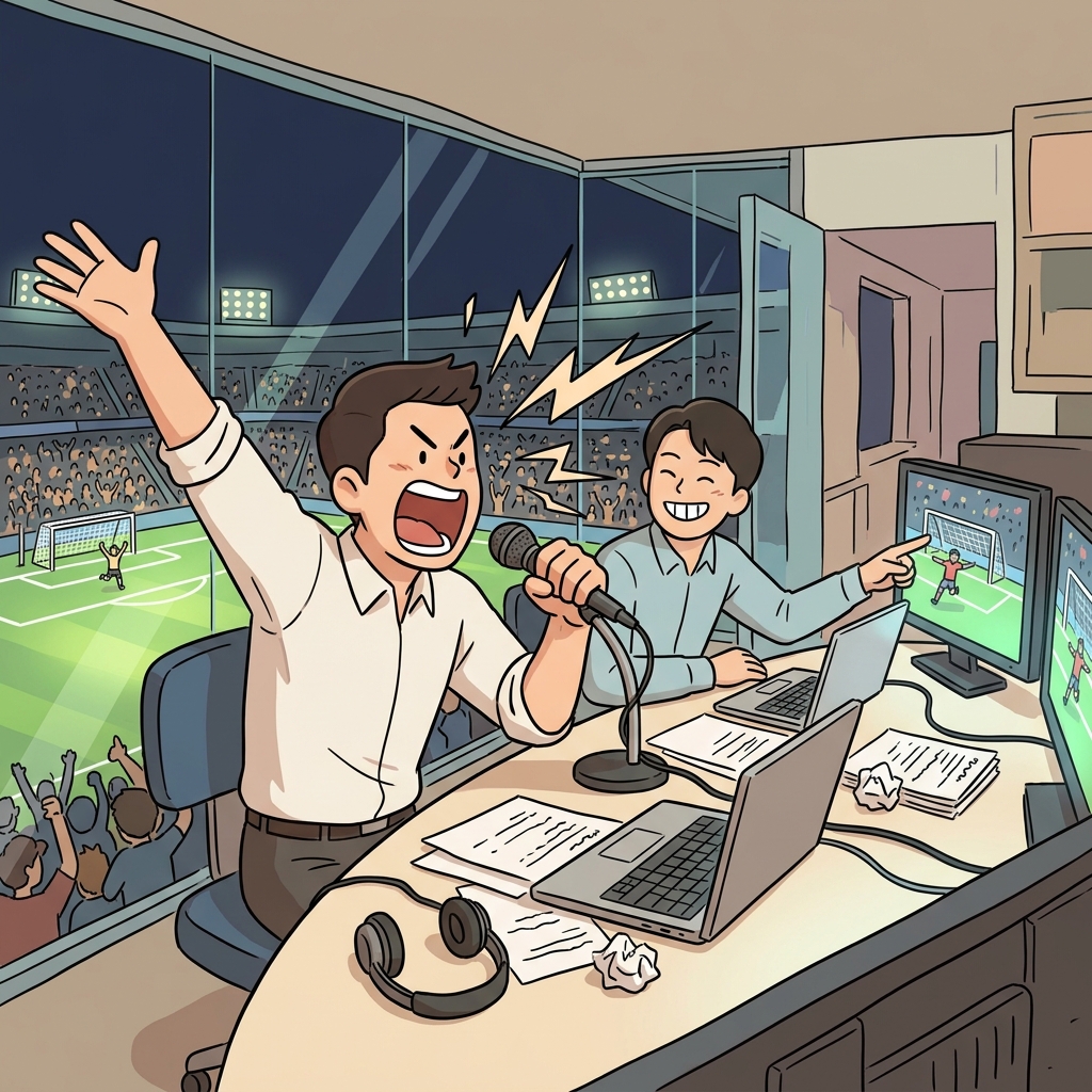 The sports announcer delivers lively commentary as the final goal hits the net.