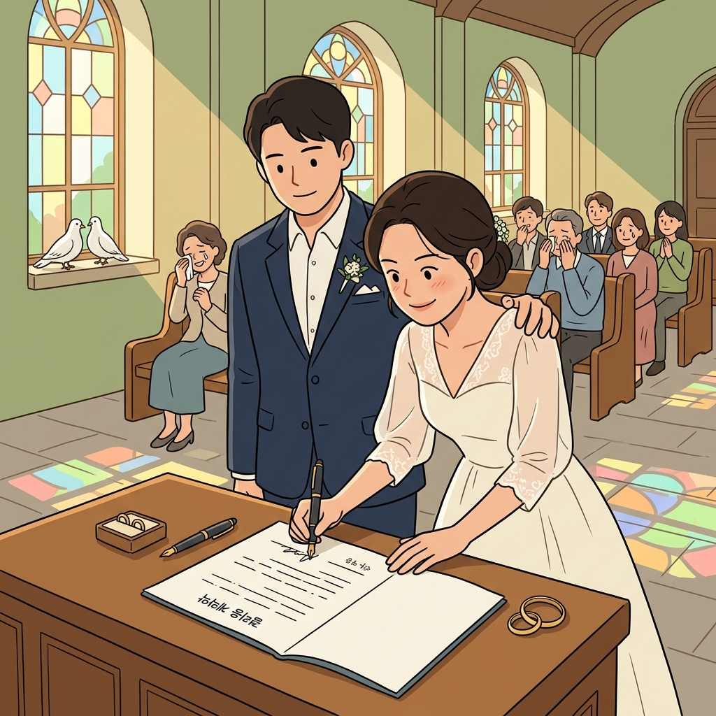 She signs the marriage contract, sealing her lifelong commitment with a steady hand.