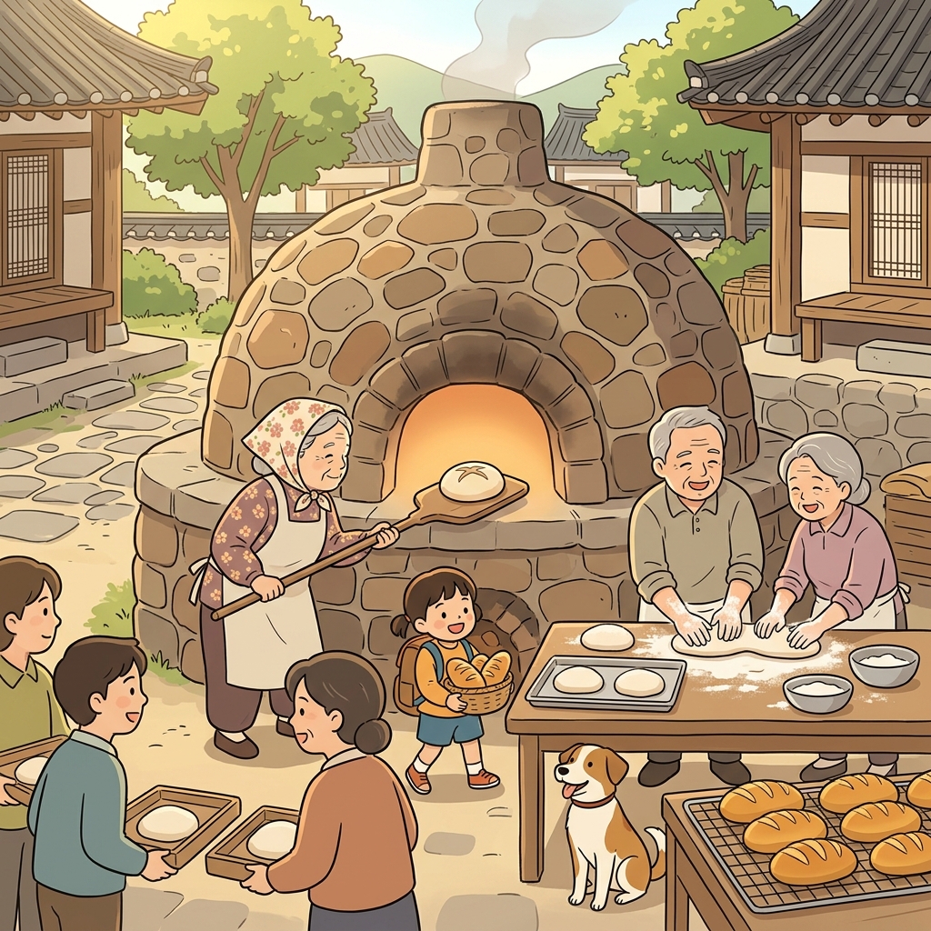 The villagers share a communal oven, baking bread together every morning.