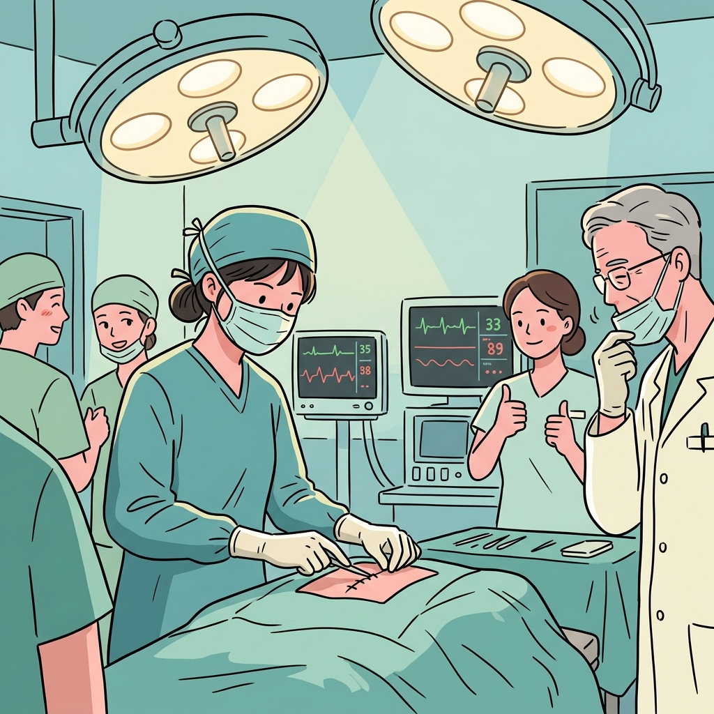 The young surgeon's competence shines as she completes the delicate operation flawlessly.