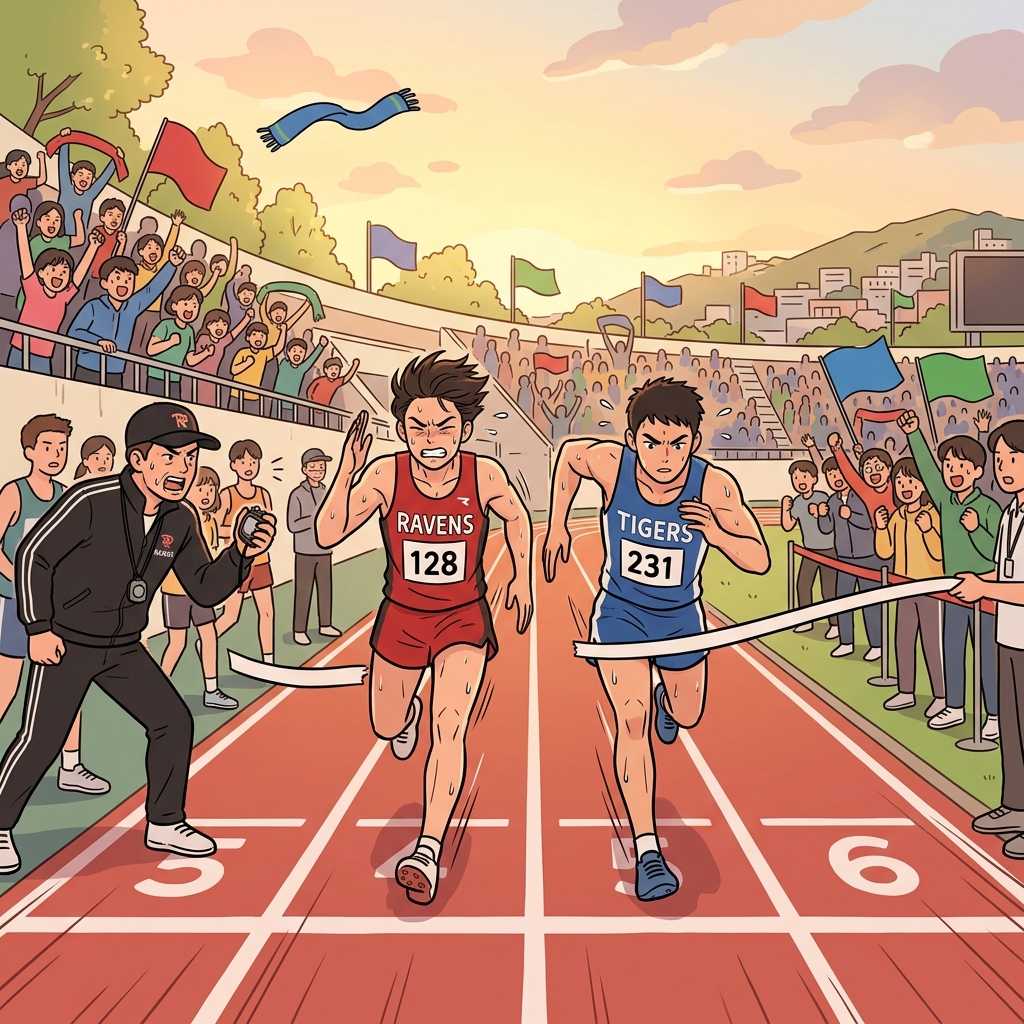 Two competitors sprint neck-and-neck toward the finish line as the crowd erupts.