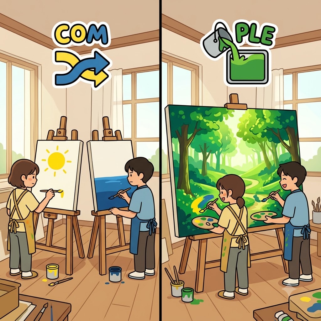 COM(together) + PLE(fill) — pouring their opposite paints COM(together) to PLE(fill) the empty canvas, the artists created a complementary masterpiece.