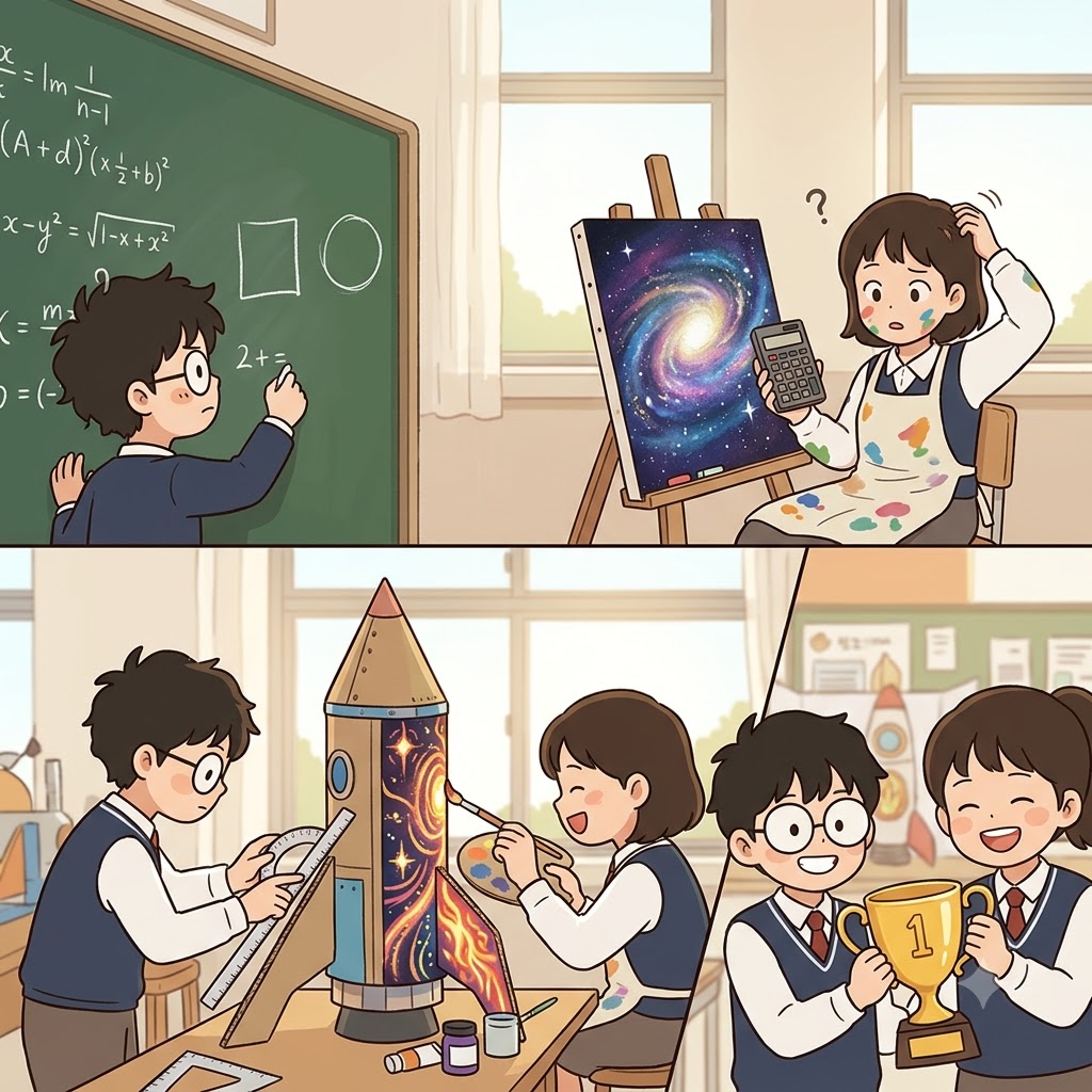 Even back in elementary school, the math genius and the art genius formed a complementary team.