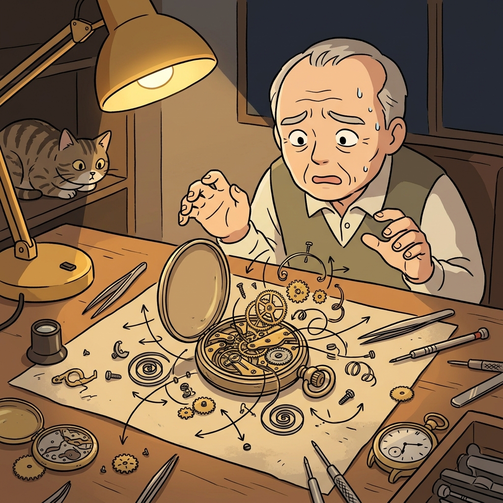 The watchmaker stares at the complicated mess of tiny gears and springs.