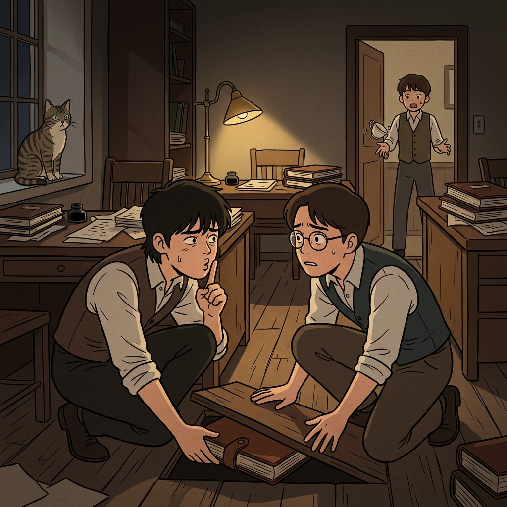 Two clerks share a guilty glance as they hide a missing ledger, their complicity obvious.