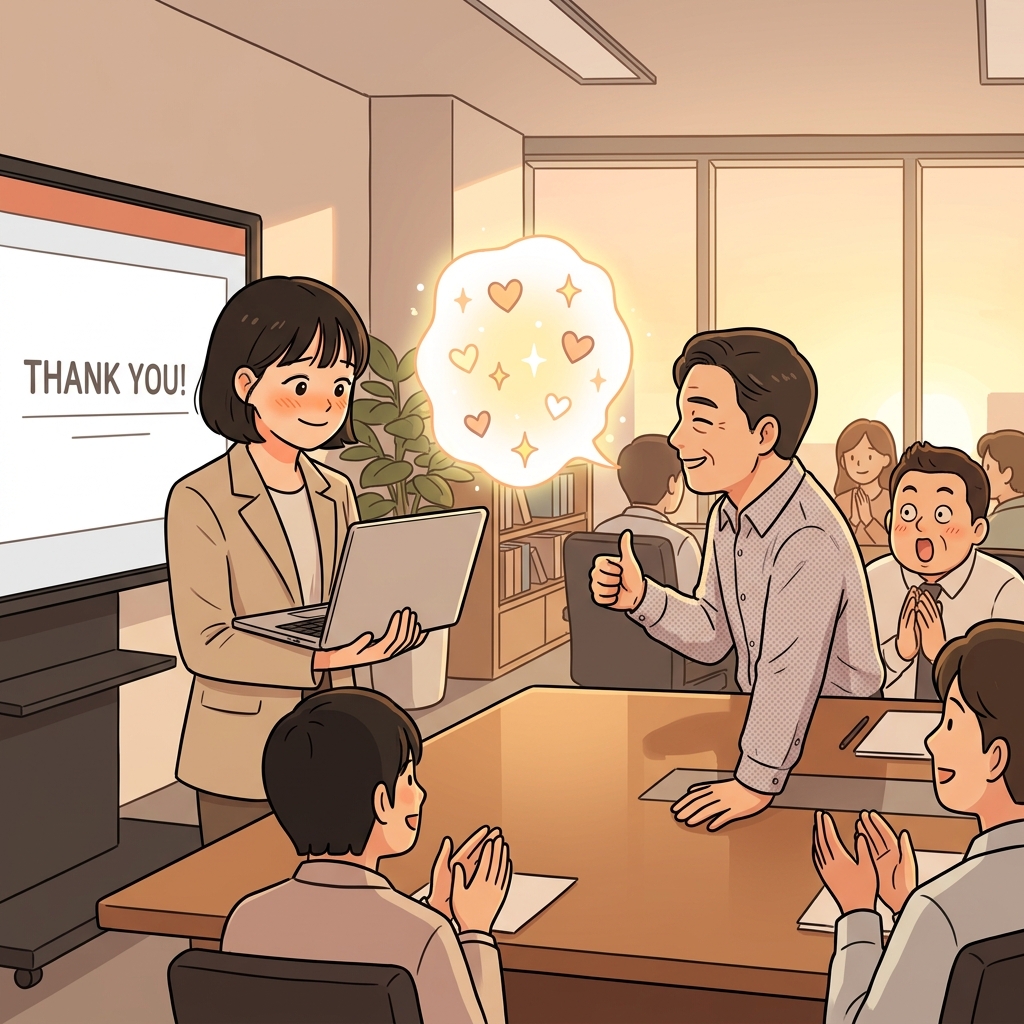 Her boss gave her a warm compliment about the presentation.