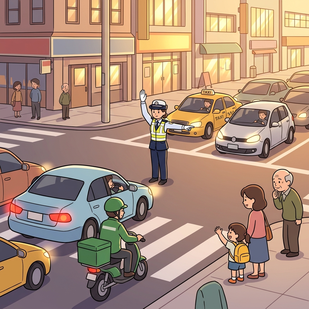 Drivers comply with the officer's signal and stop at the crosswalk.