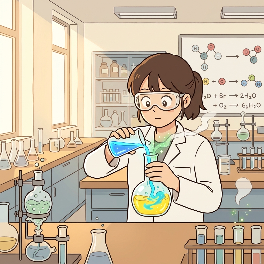 The chemist mixes two liquids to create a powerful new compound in the lab.