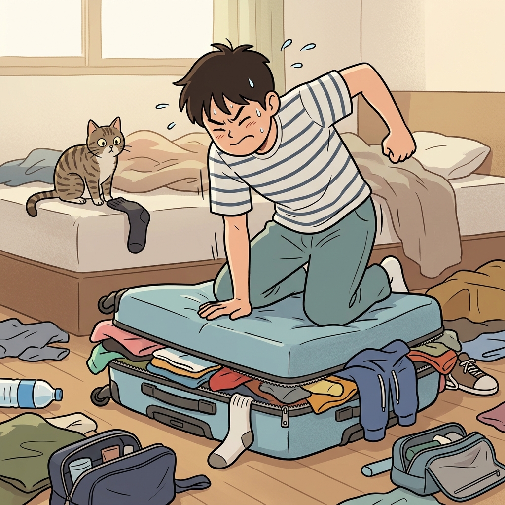 He tries to compress a month of clothes into one tiny suitcase.