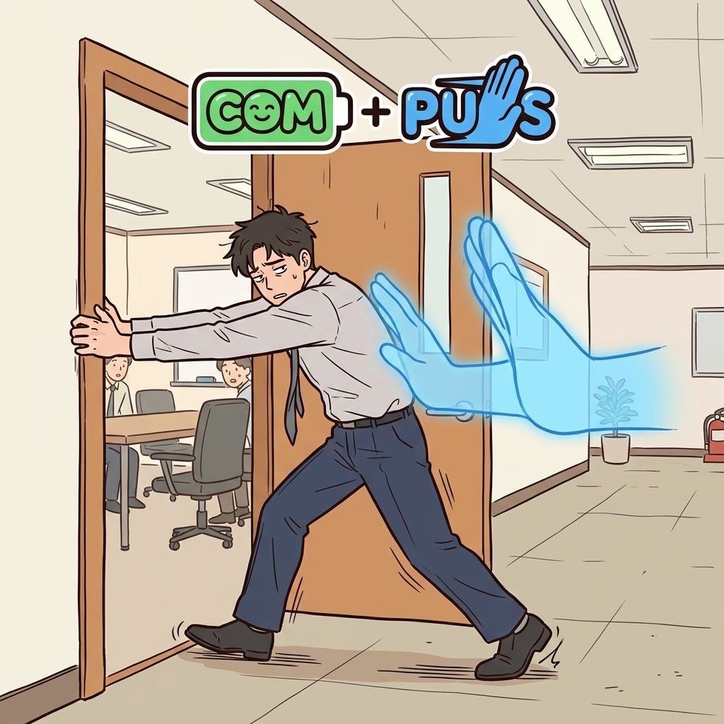 COM(completely) + PULS(push) + ORY(state) — a compulsory meeting means the boss is completely pushing you through the door, leaving you no choice.