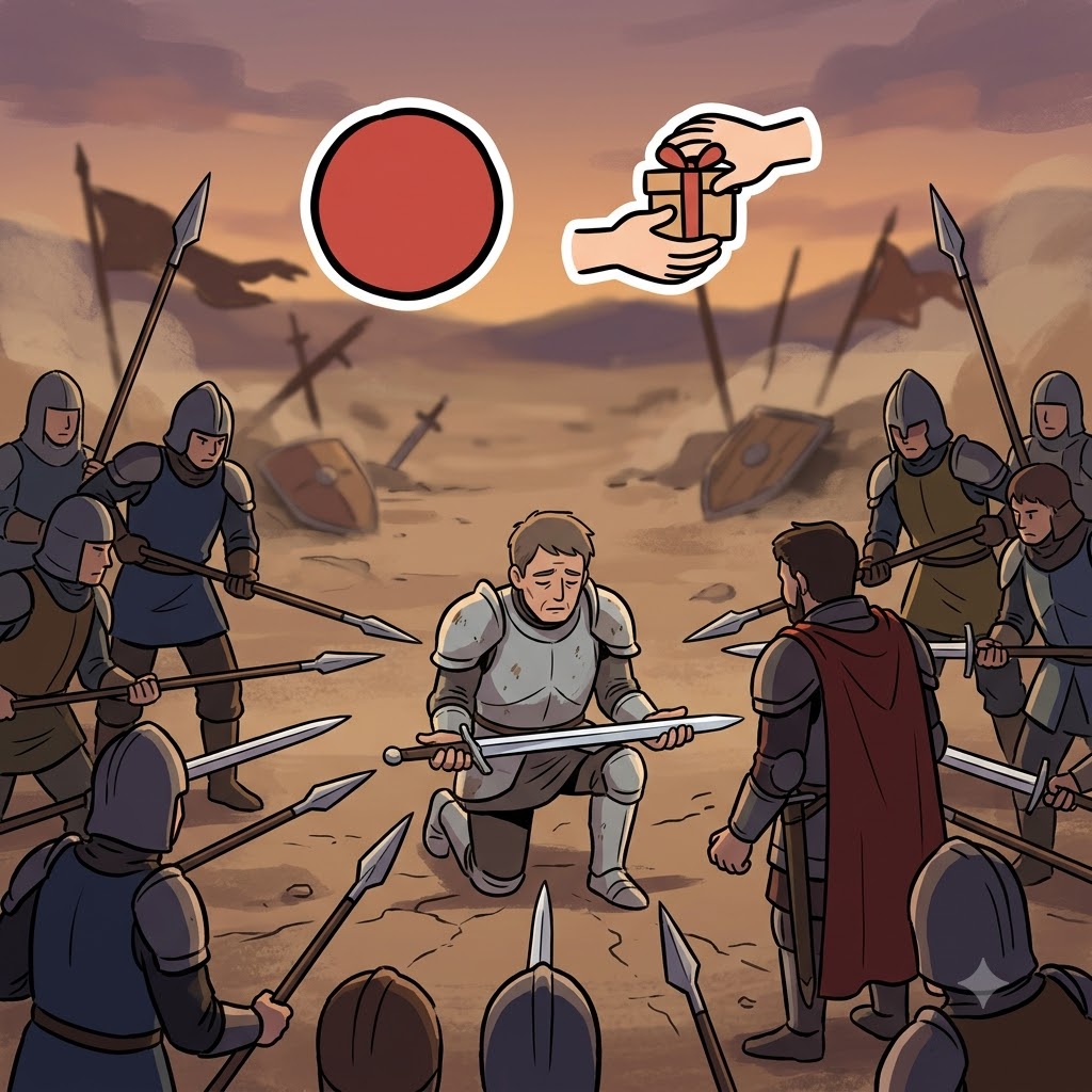 CON(completely) + CEDE(yield) — surrounded by enemy swords, the general had to CON(completely) CEDE(yield) his weapon to concede defeat.