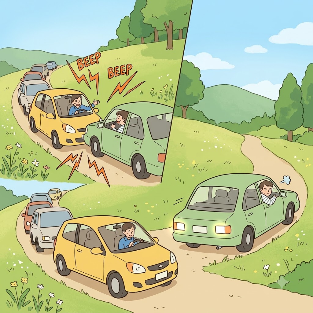 To allow the blocked cars to safely proceed, the stubborn driver finally backed up his car to concede the narrow road.