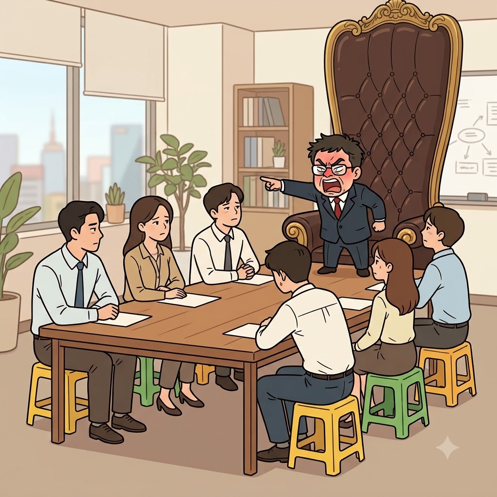 "제일 큰(con) 시트(ceit)로 가져와!" 거대한 의자를 요구하는 작은 사장의 모습은 순전한 자만심(conceit)을 보여주었다.