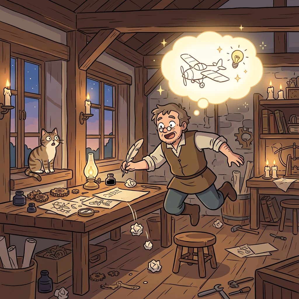 The inventor finally conceived a brilliant idea for his flying machine.