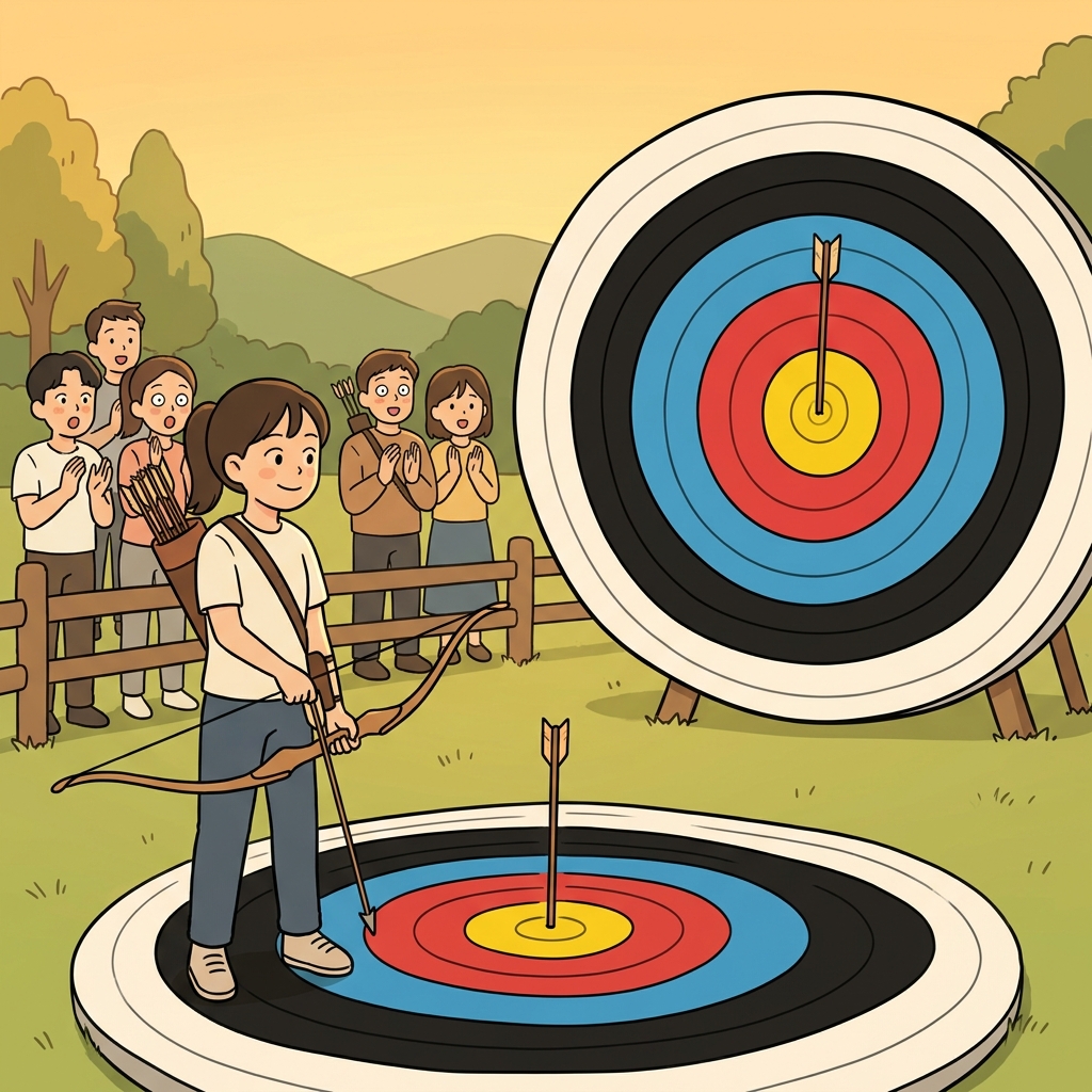 The archer's arrow hits dead center, forming concentric rings on the target.
