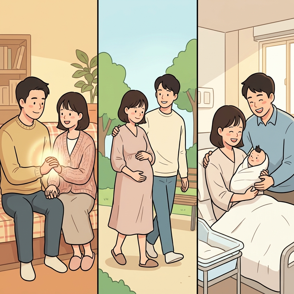 수태 후 아기는 임신 기간 동안 자라 건강하게 태어났다.