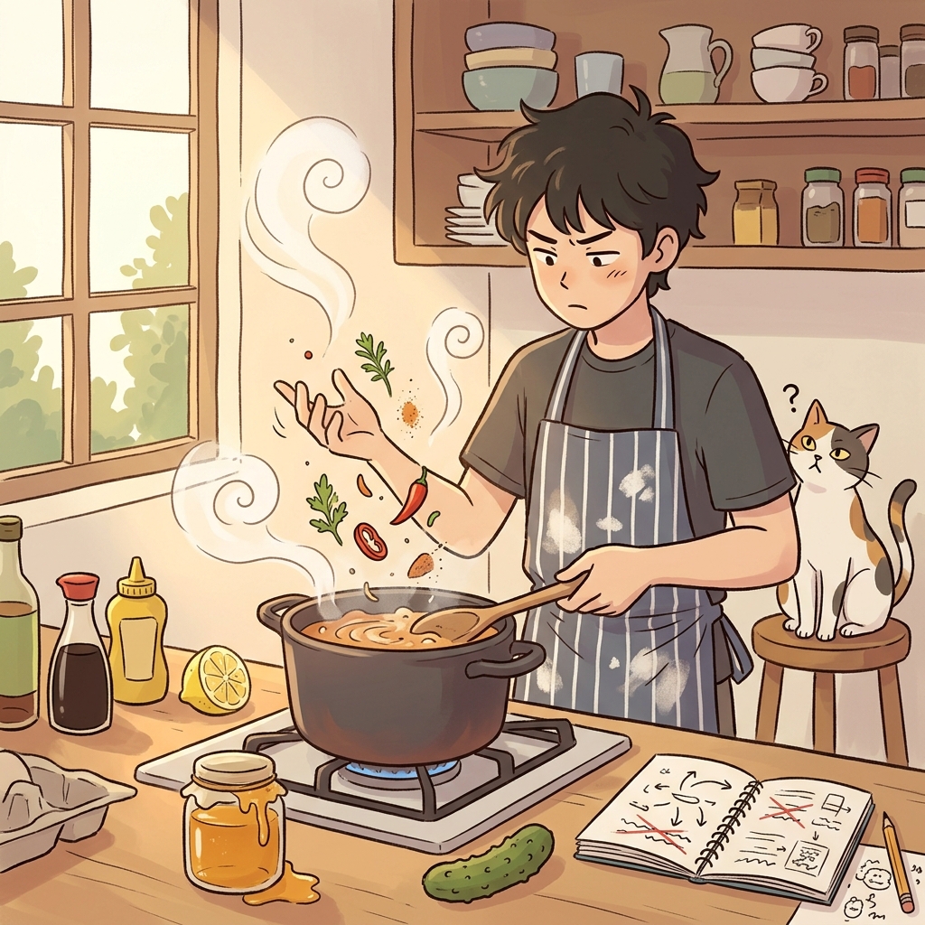 The chef tries to concoct a brand-new sauce from whatever's left in the fridge.
