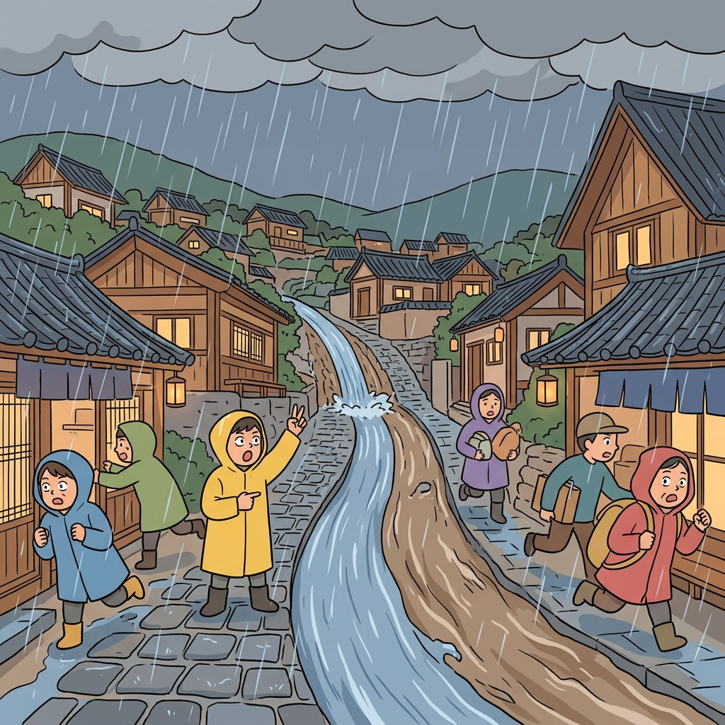 Heavy rain brought concomitant flooding to the village streets.