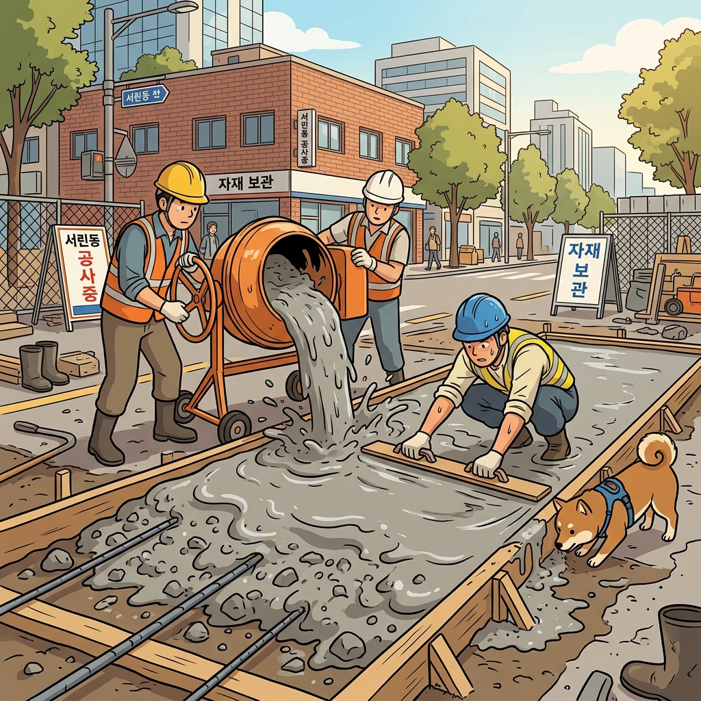 The workers pour wet concrete to form the new sidewalk.
