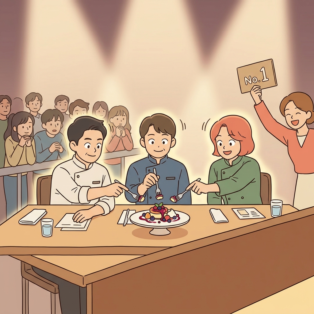 The three judges concur on the winning dish with confident nods.