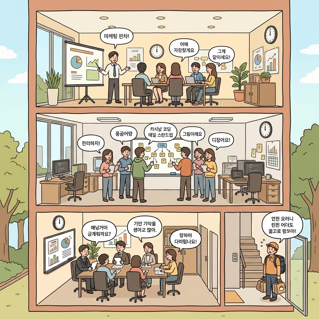 Three concurrent meetings happen on different floors of the same building at noon.