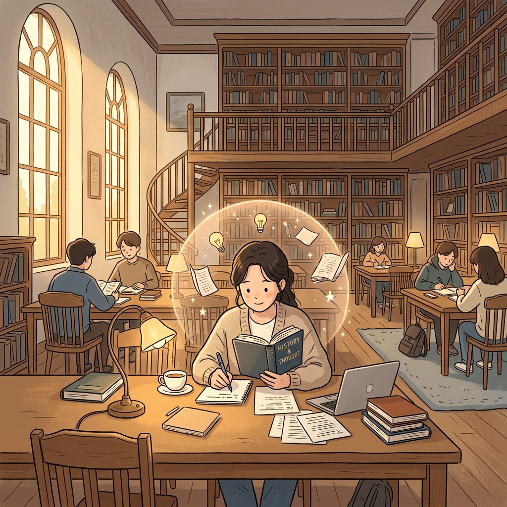 The quiet library with soft lighting is highly conducive to deep focus and study.