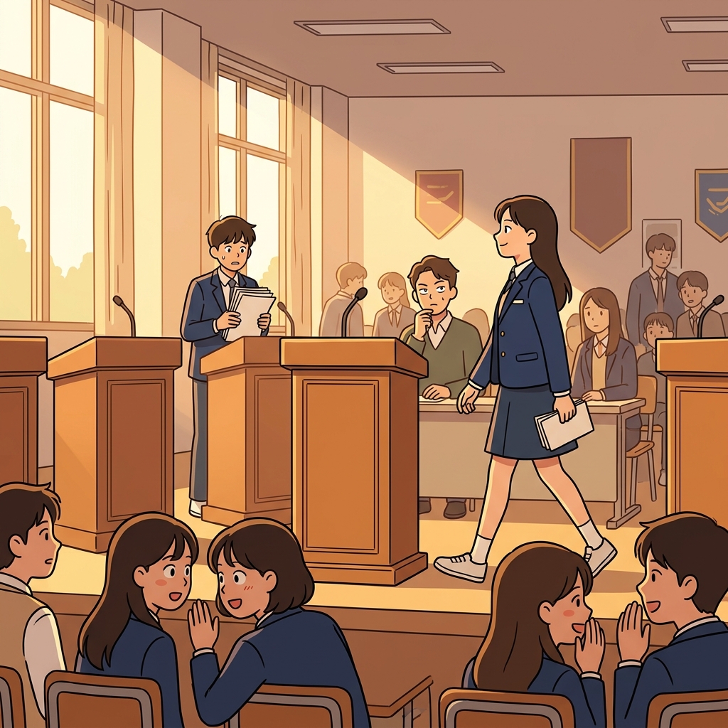 그녀는 모든 답을 알고 있다는 듯 당당하게 토론 무대로 걸어 나갔다.