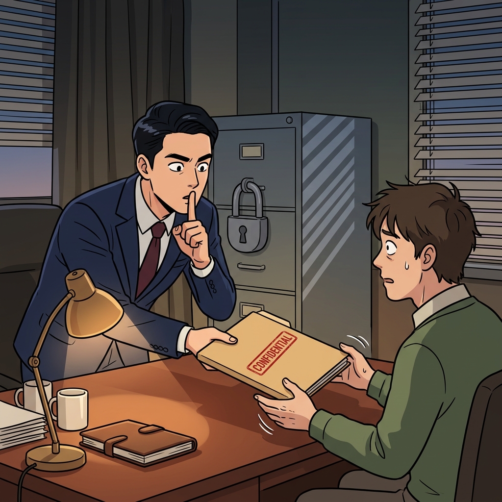 The lawyer slides a confidential file across the table with a serious look.