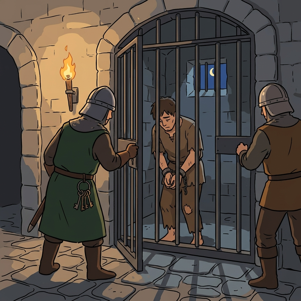 The guards confine the prisoner to a small stone cell with iron bars.