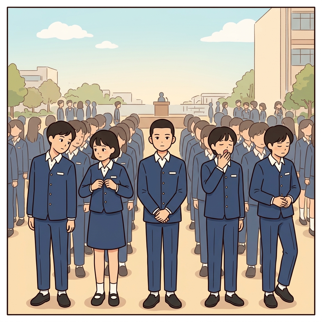 다들 똑같은 교복을 입었는데, 한 학생은 정말 완벽하게 무리에 녹아든다.