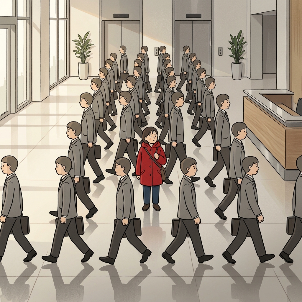 Every conformist wears the same gray suit while one person stands out in red.