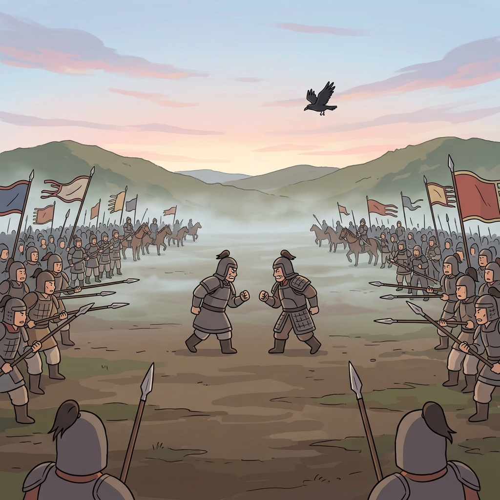 Two rival generals meet in a tense confrontation on the battlefield at dawn.