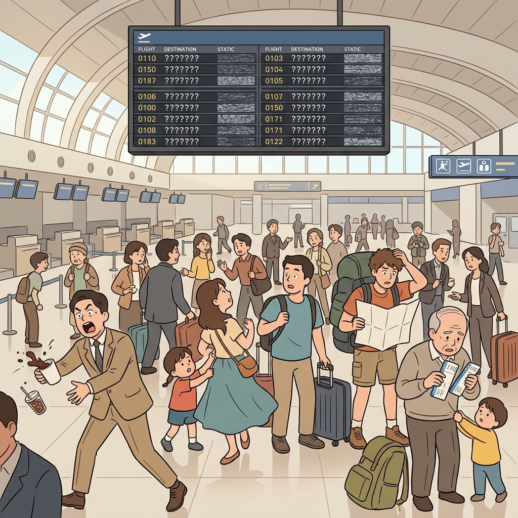 공항 전광판이 갑자기 다 꺼지자 사람들이 어쩔 줄 몰라 한다.