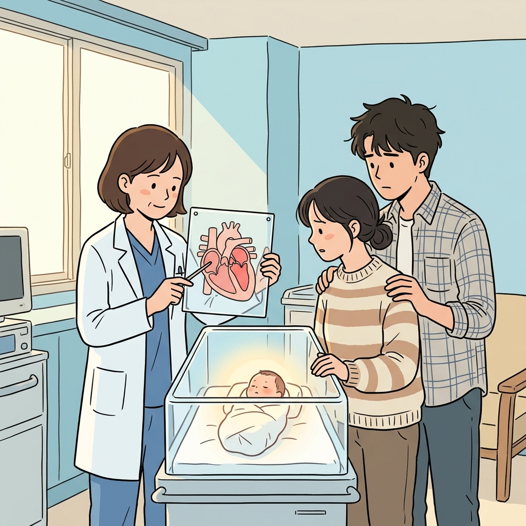 The doctor explains the baby's congenital heart condition to worried parents.