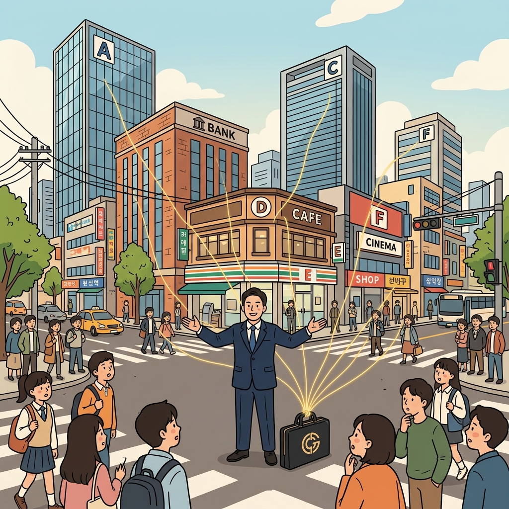 The conglomerate owns the airline, the bank, and the coffee chain on the same street.