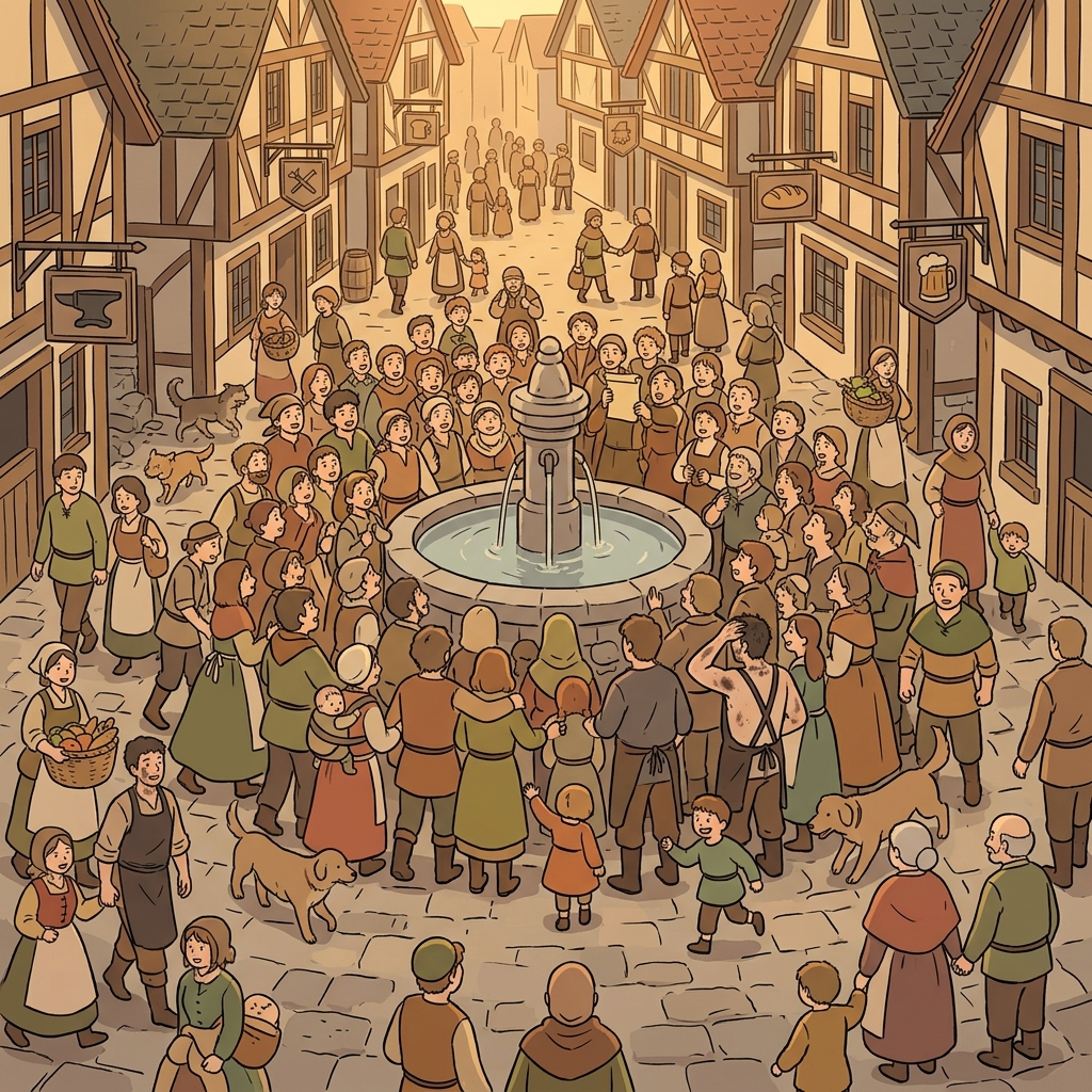 Villagers congregate in the town square to hear the harvest news.