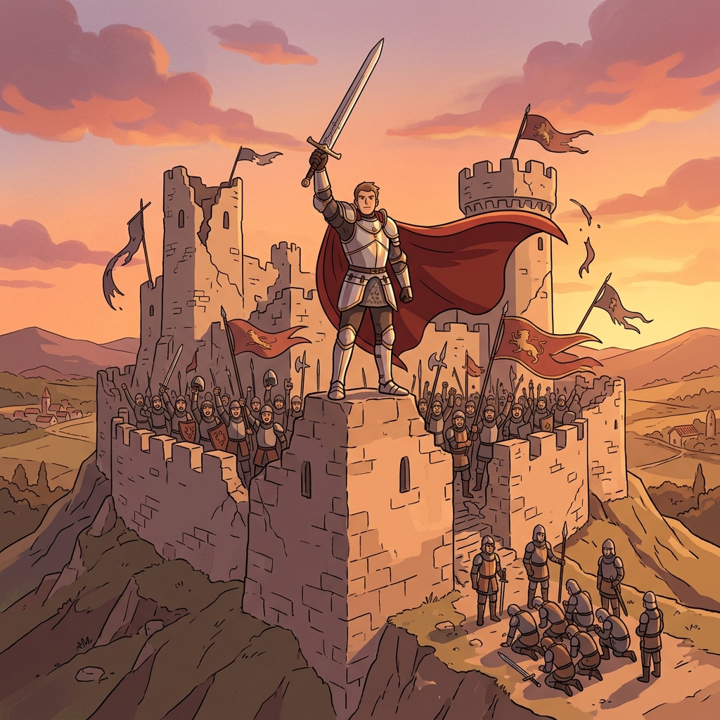 The general raised his sword as his army conquered the last fortress on the hill.