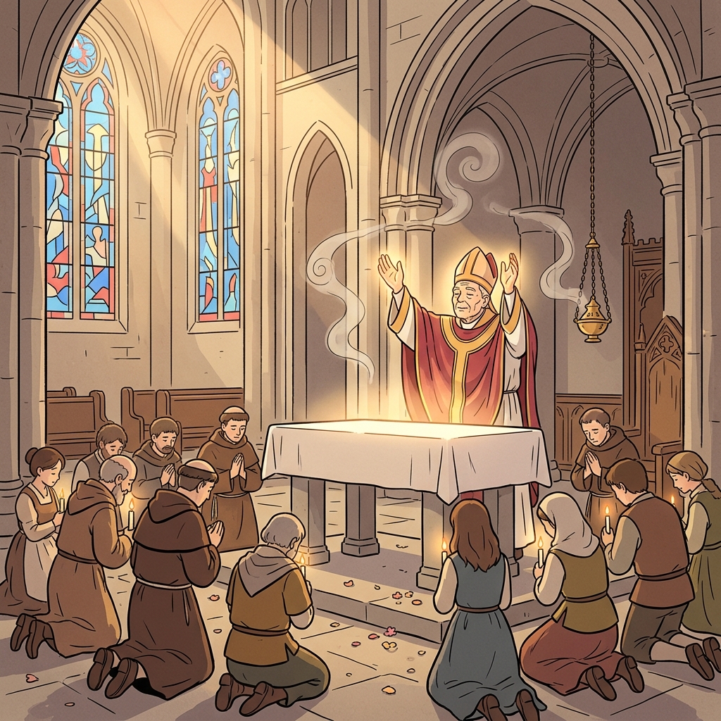 The bishop raises his hands to consecrate the new cathedral altar.