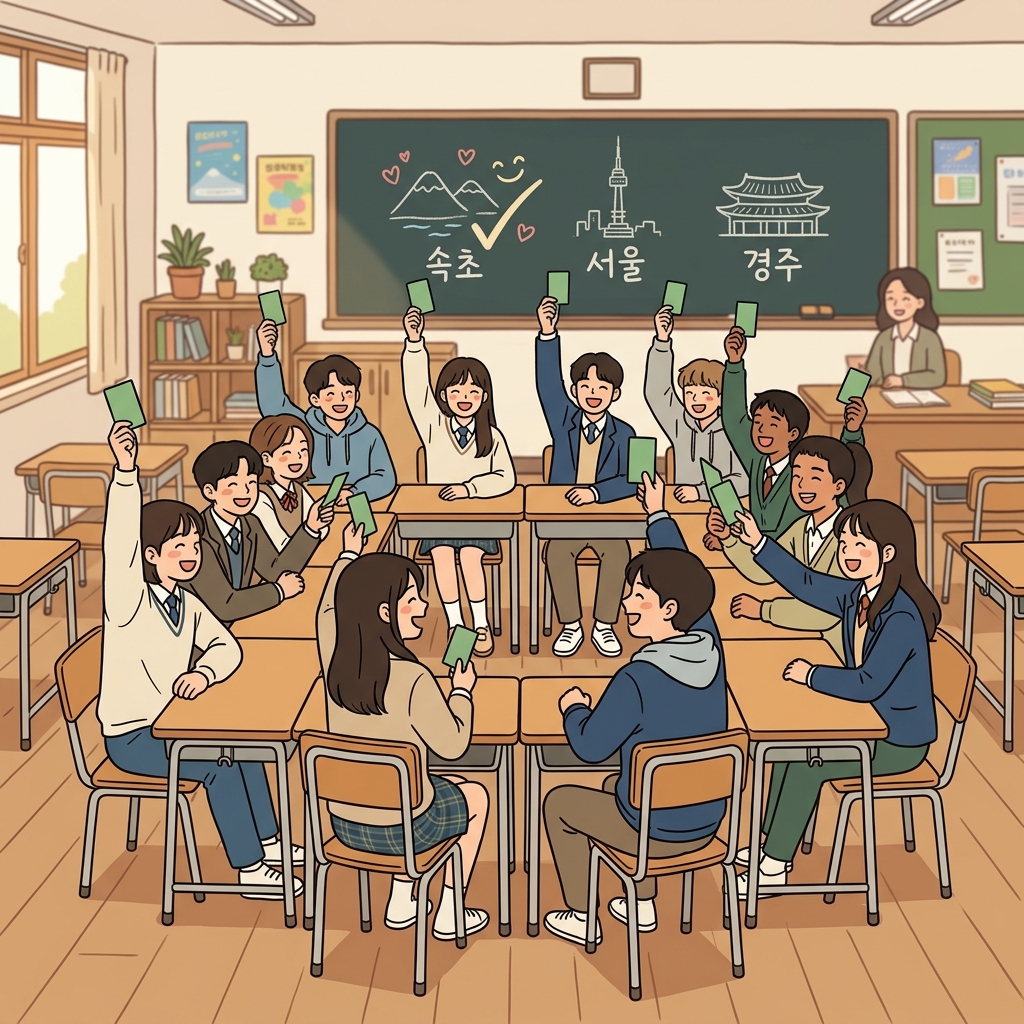 반 친구들은 현장학습 장소에 대해 모두 같은 의견으로 합의했다. ("같은 센스!" → 모두 센스 있게 같은 의견)